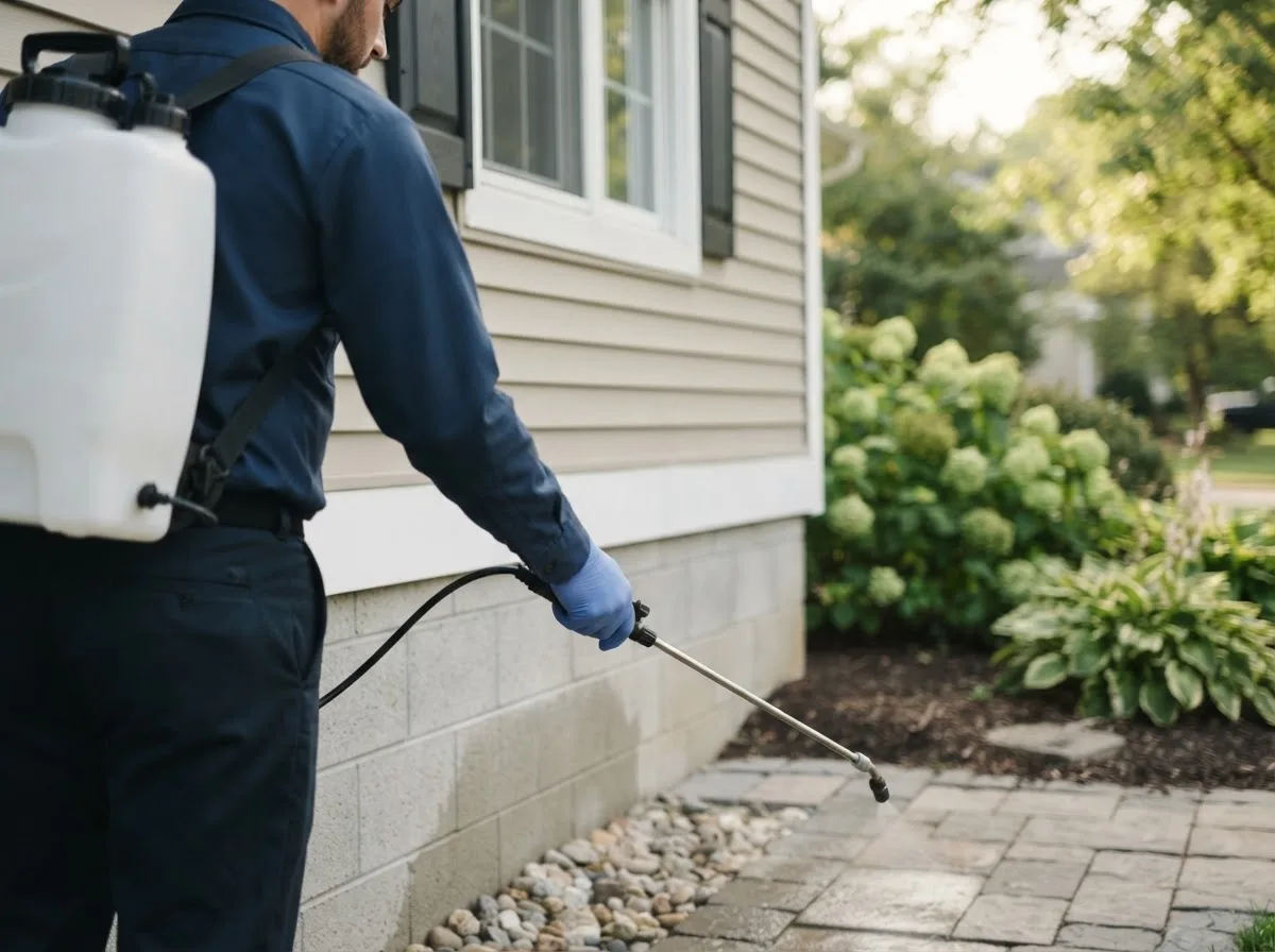 Pest control technician inspecting a home in Union Center, WI